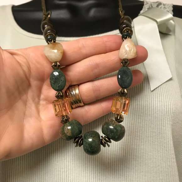 Gemstone Necklace Bohemian Necklace Agate Stone Wood Crystal Necklace Handmade - Picture 6 of 11